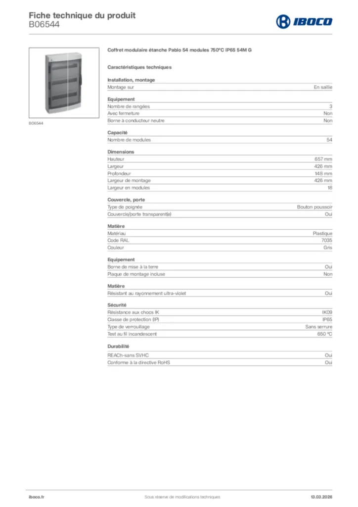 Image Iboco Fiche technique du produit B06544 | Hager France