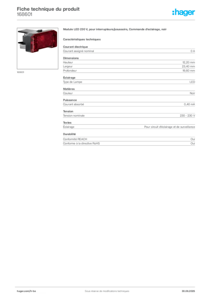 Image Hager Fiche technique du produit 168601 | Hager Belgique