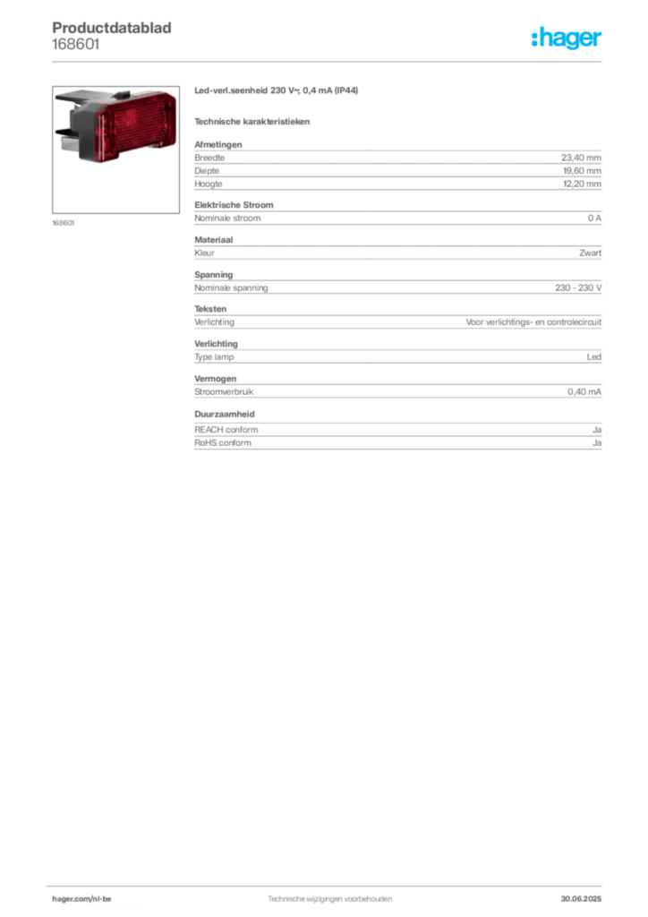 Afbeelding Hager Productdatablad 168601 | Hager Belgium