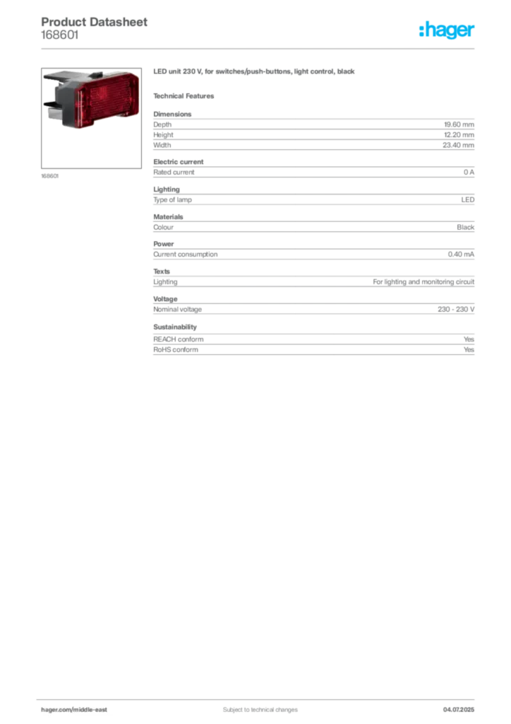 Image Hager Product data sheet 168601  | Hager