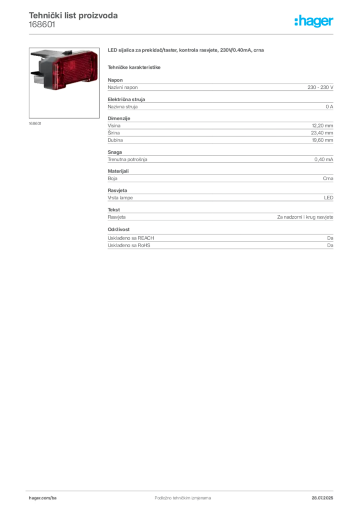 Slika Hager Product data sheet 168601  | Hager