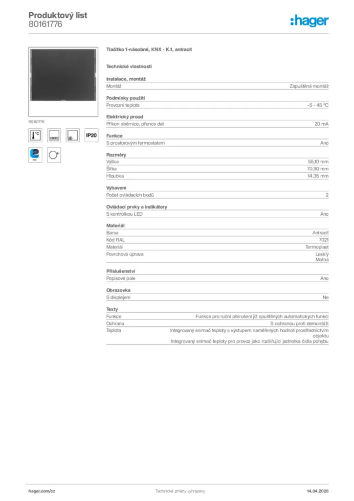 Obrázek Hager Product data sheet 80161776 | Hager