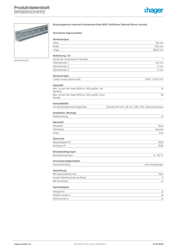 Bild Hager Produktdatenblatt BRS651001VERZ | Hager Schweiz