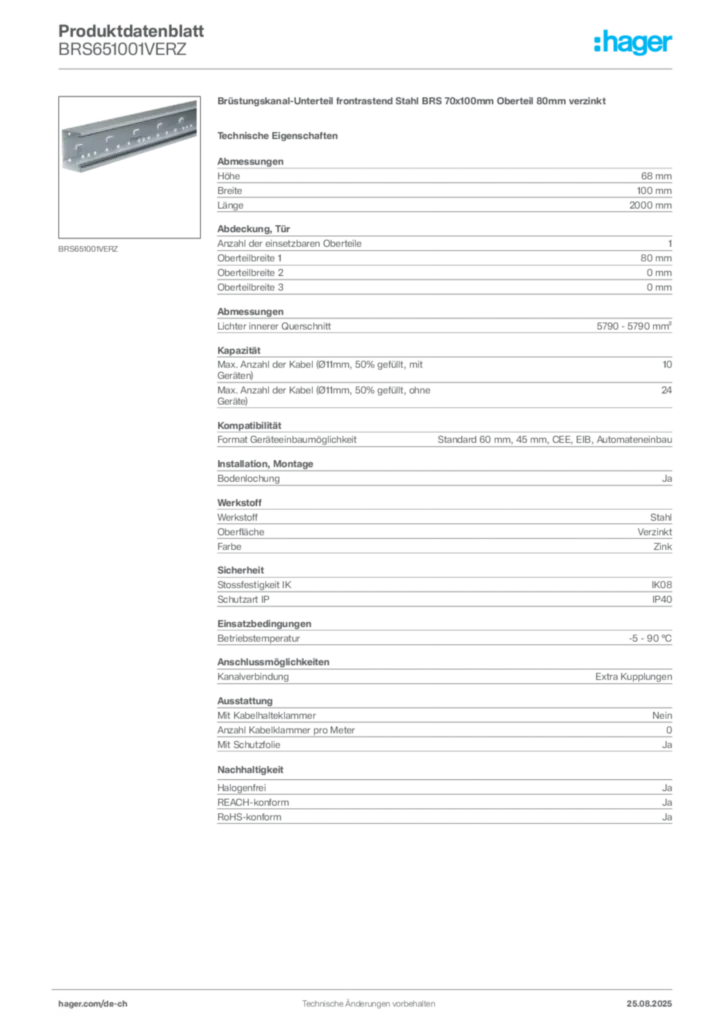Bild Hager Produktdatenblatt BRS651001VERZ | Hager Schweiz