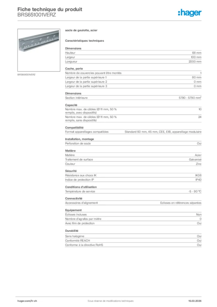 Image Hager Fiche technique du produit BRS651001VERZ | Hager Suisse