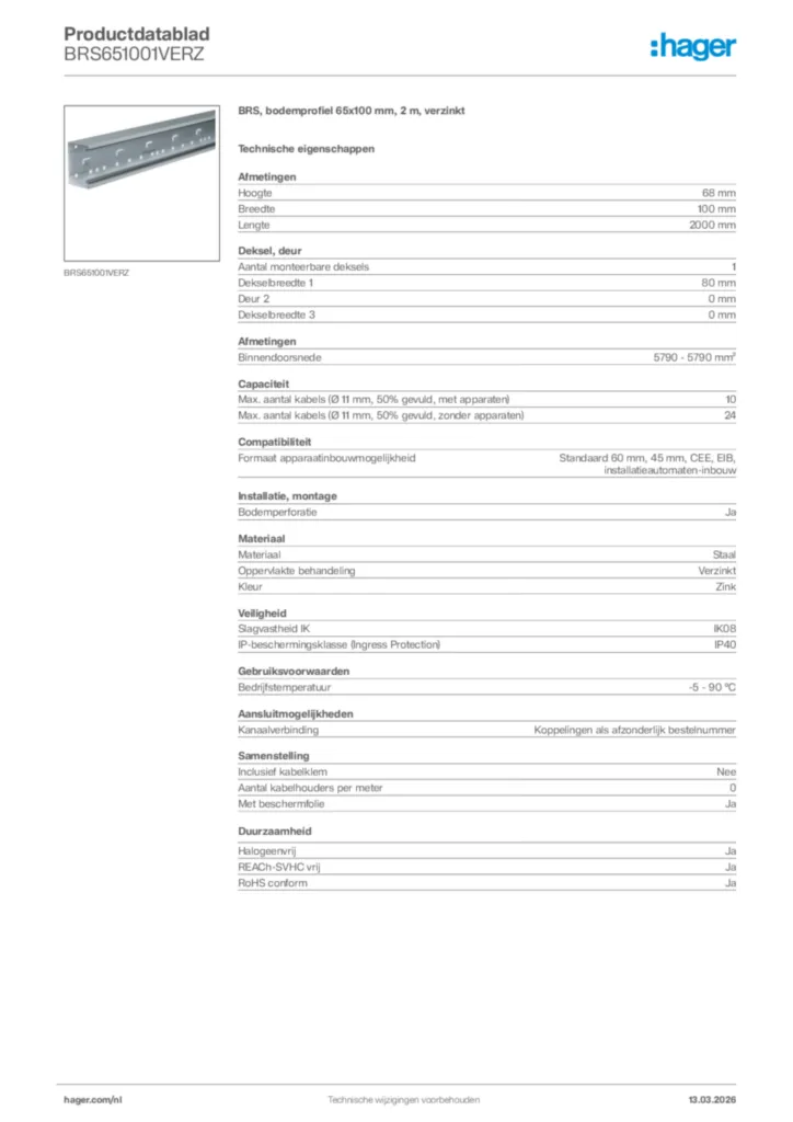 Afbeelding Hager Productdatablad BRS651001VERZ | Hager Nederland
