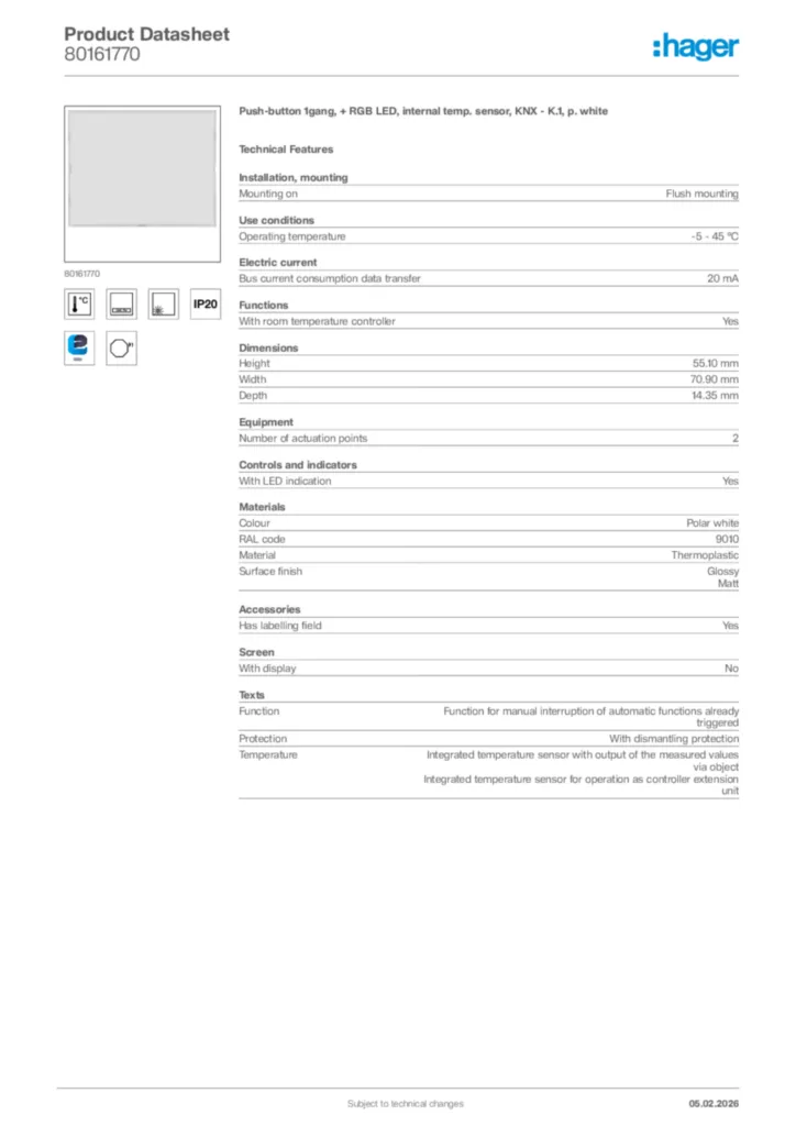 Image Hager Product data sheet 80161770  | Hager Africa