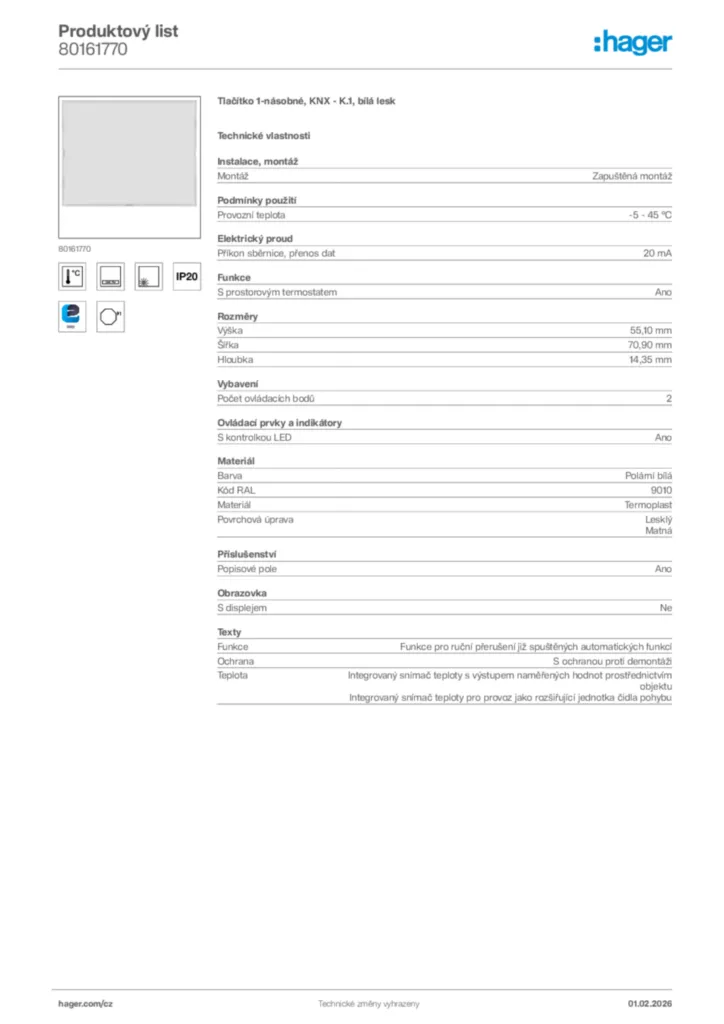 Obrázek Hager Product data sheet 80161770 | Hager