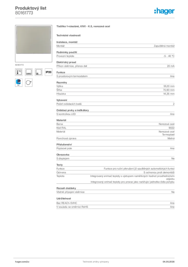 Obrázek Hager Product data sheet 80161773 | Hager