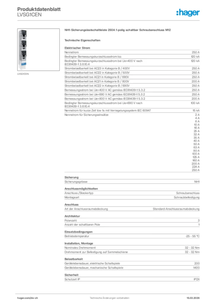 Bild Hager Produktdatenblatt LVSG1CEN | Hager Schweiz