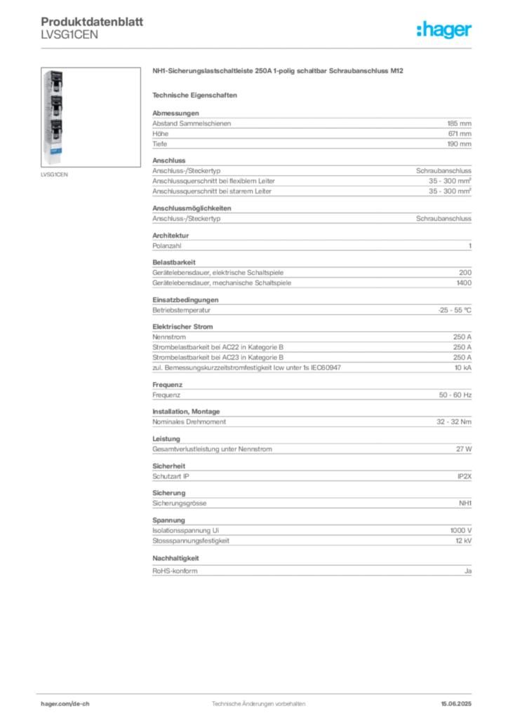 Bild Hager Produktdatenblatt LVSG1CEN | Hager Schweiz