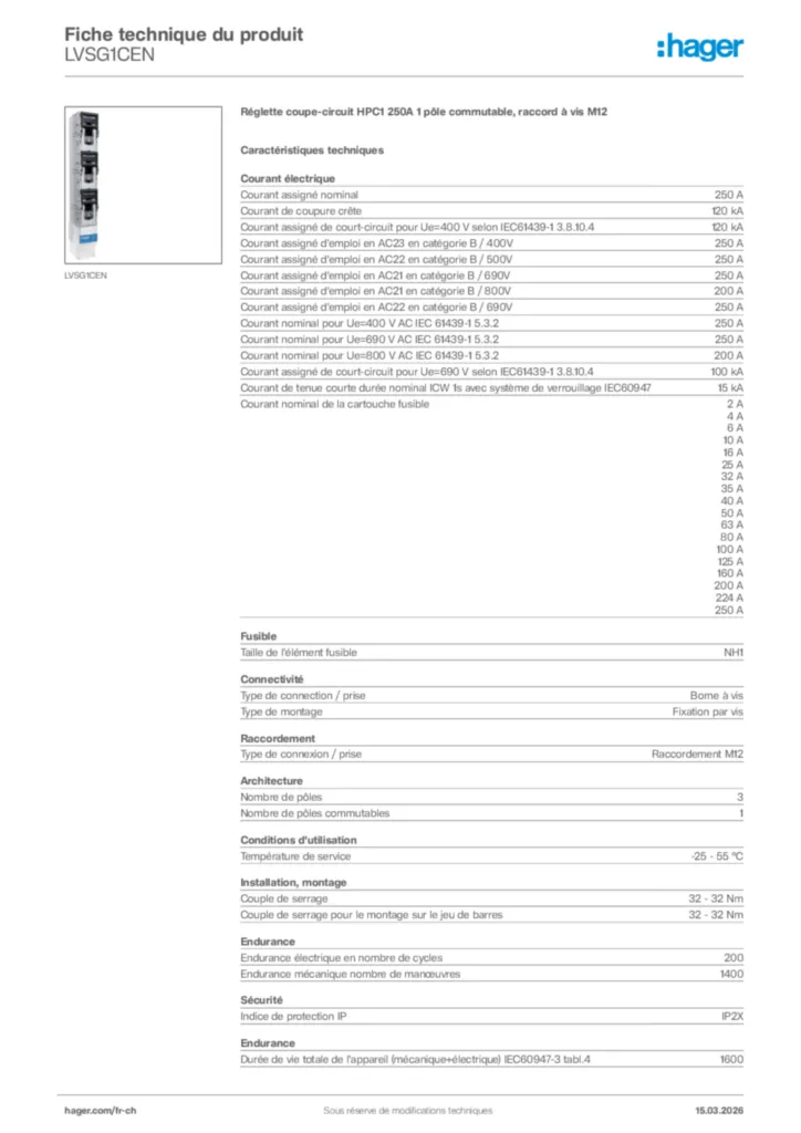 Image Hager Fiche technique du produit LVSG1CEN | Hager Suisse