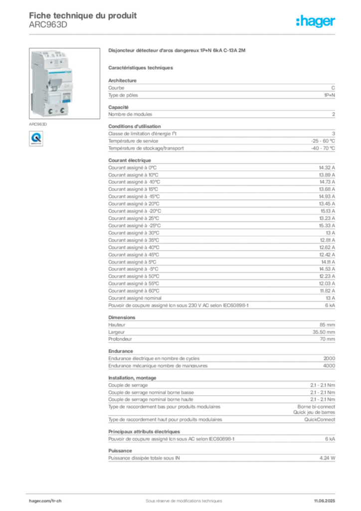 Image Hager Fiche technique du produit ARC963D | Hager Suisse