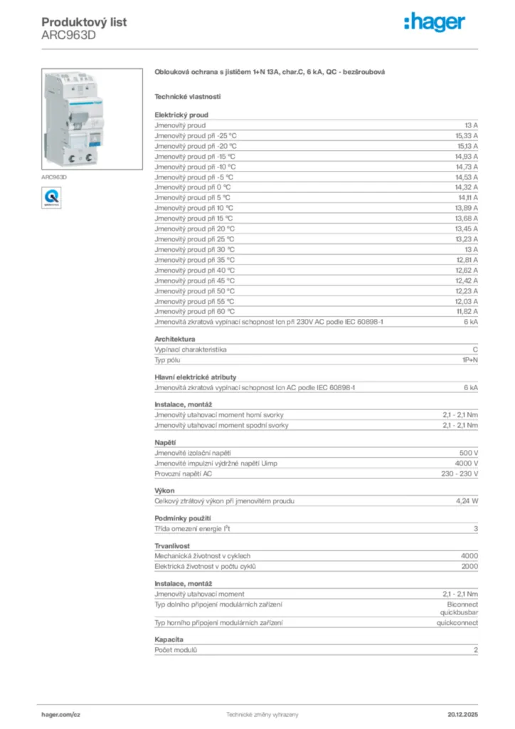 Obrázek Hager Produktový list ARC963D | Hager