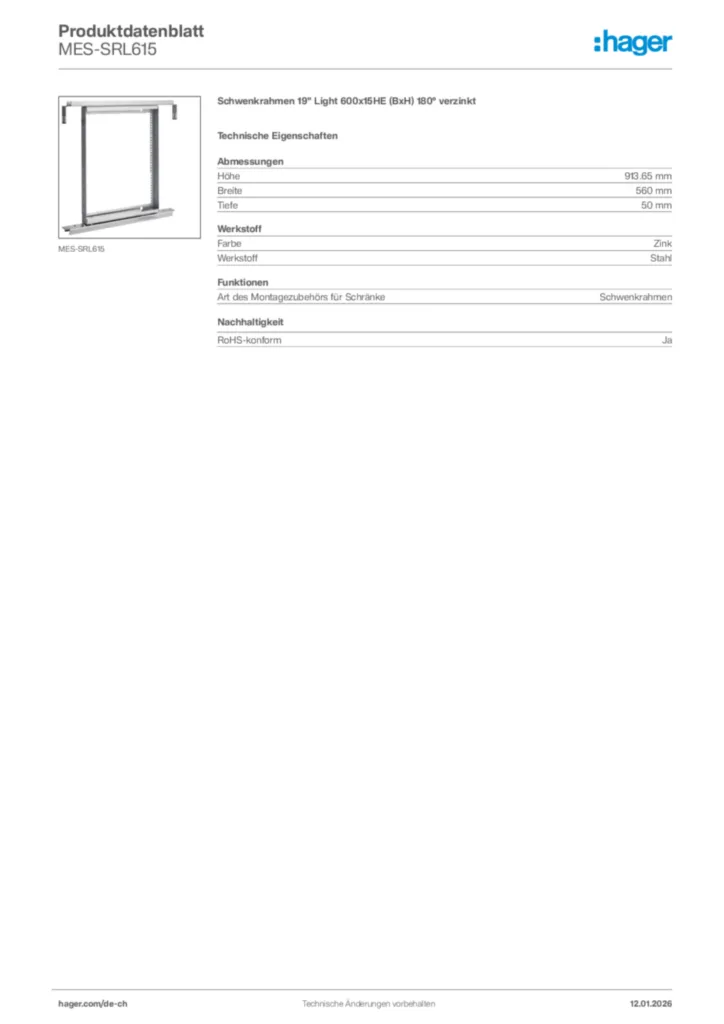 Bild Hager Produktdatenblatt MES-SRL615 | Hager Schweiz