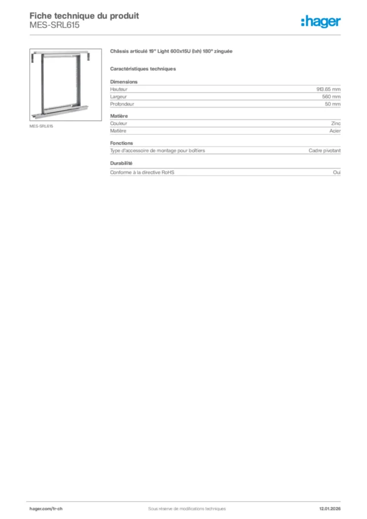 Image Hager Fiche technique du produit MES-SRL615 | Hager Suisse