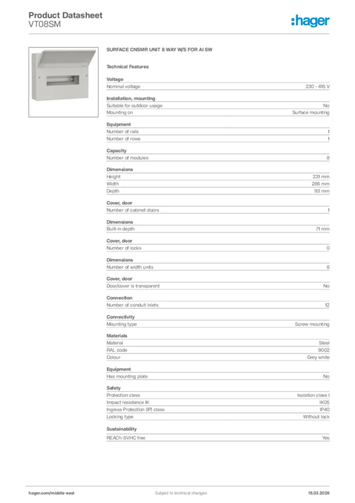 Image Hager Product data sheet VT08SM  | Hager