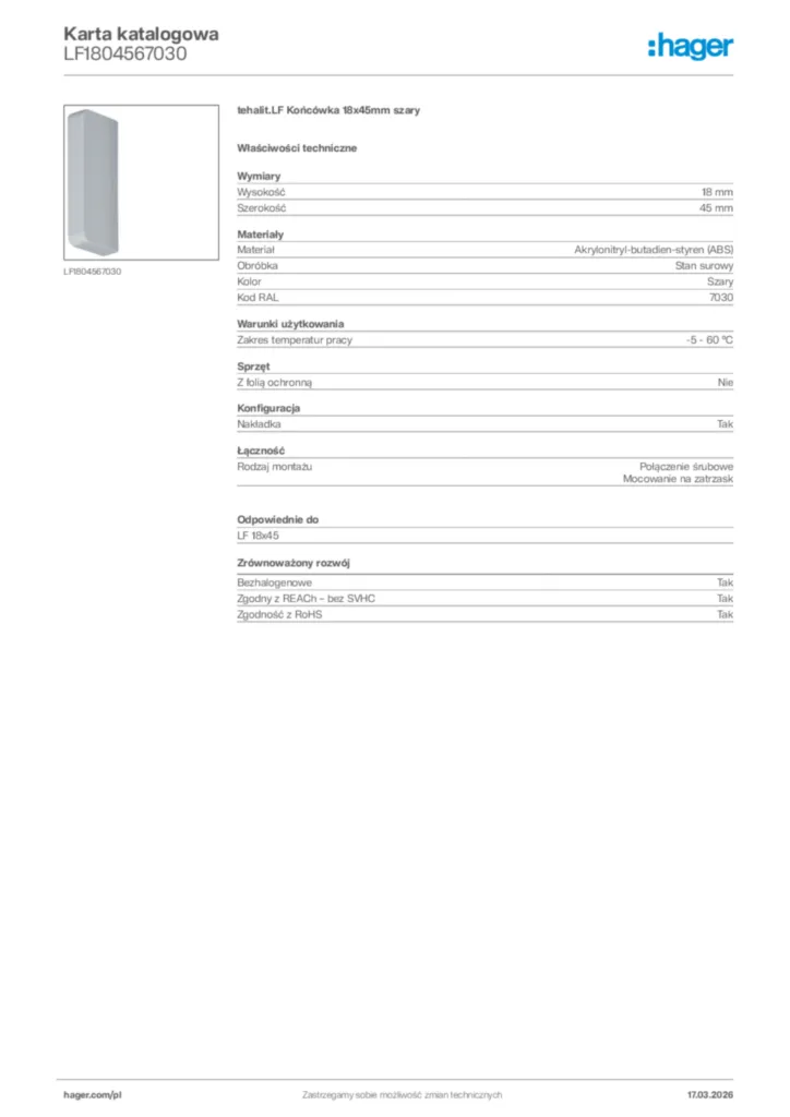 Zdjęcie Hager Karta katalogowa LF1804567030 | Hager Polska