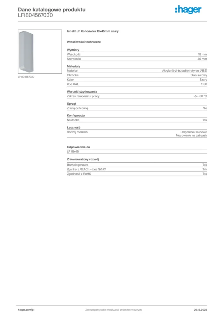 Zdjęcie Hager Dane katalogowe produktu LF1804567030 | Hager Polska
