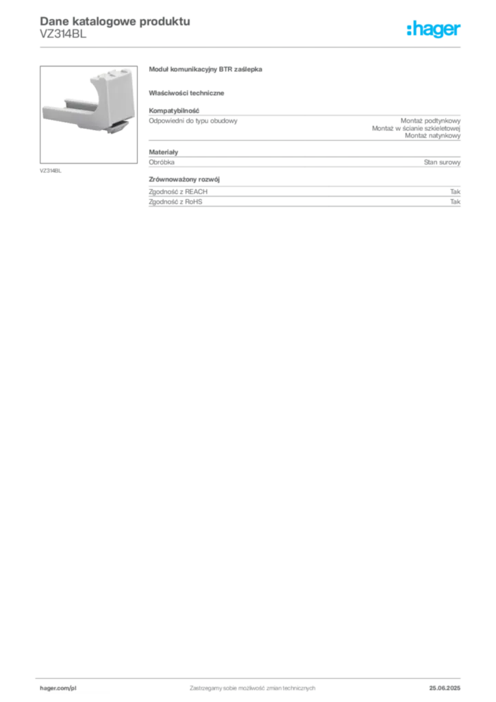 Zdjęcie Hager Dane katalogowe produktu VZ314BL | Hager Polska