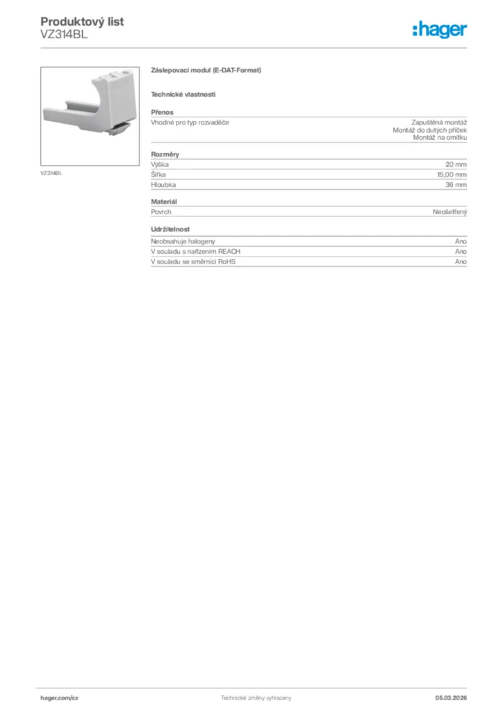 Obrázek Hager Product data sheet VZ314BL | Hager