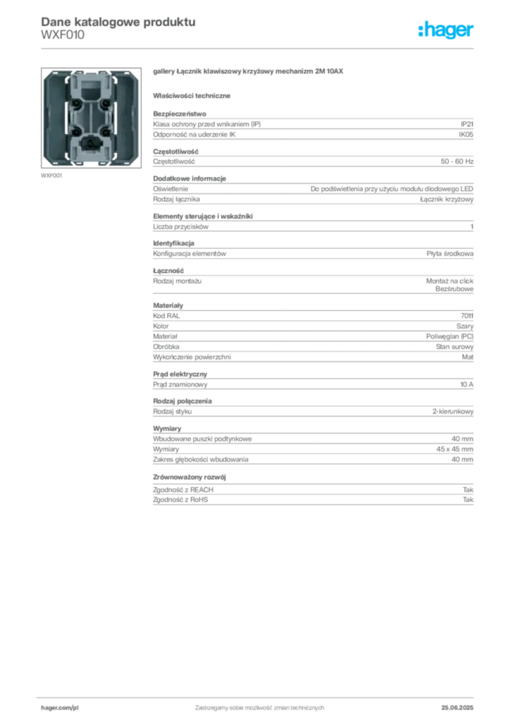 Zdjęcie Hager Dane katalogowe produktu WXF010 | Hager Polska