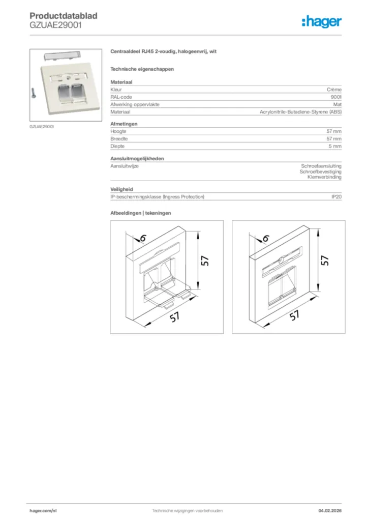 Afbeelding Hager Productdatablad GZUAE29001 | Hager Nederland