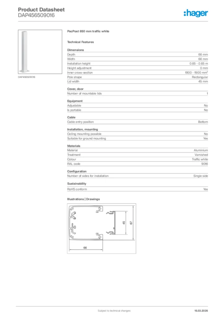 Image Hager Product data sheet DAP456509016  | Hager Africa