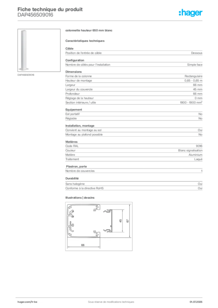 Image Hager Fiche technique du produit DAP456509016 | Hager Belgique