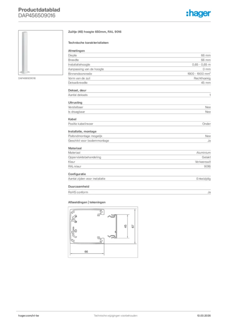 Afbeelding Hager Productdatablad DAP456509016 | Hager Belgium