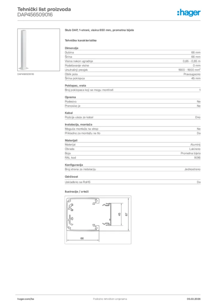 Slika Hager Tehnički list proizvoda DAP456509016  | Hager