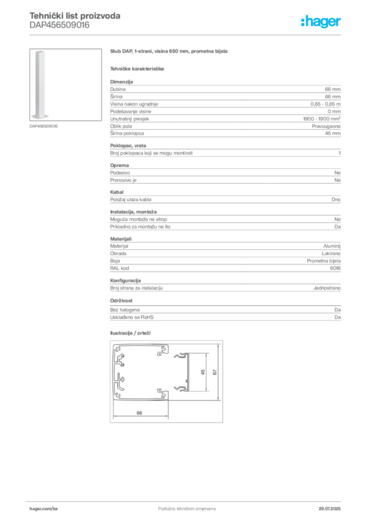 Slika Hager Product data sheet DAP456509016  | Hager