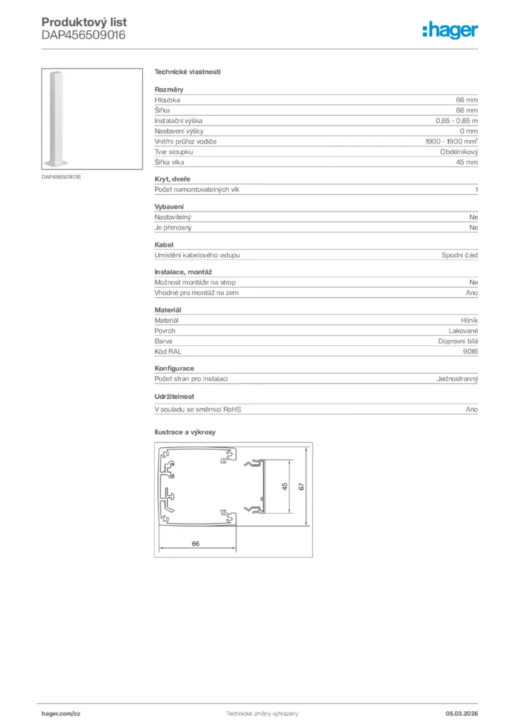 Obrázek Hager Product data sheet DAP456509016 | Hager