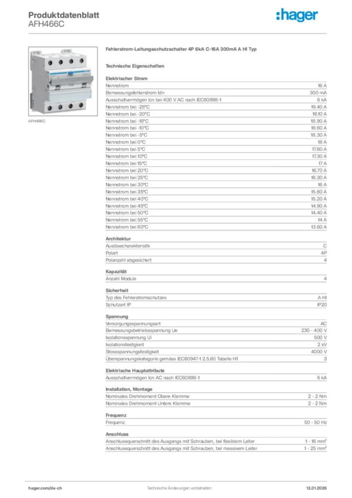 Bild Hager Produktdatenblatt AFH466C | Hager Schweiz
