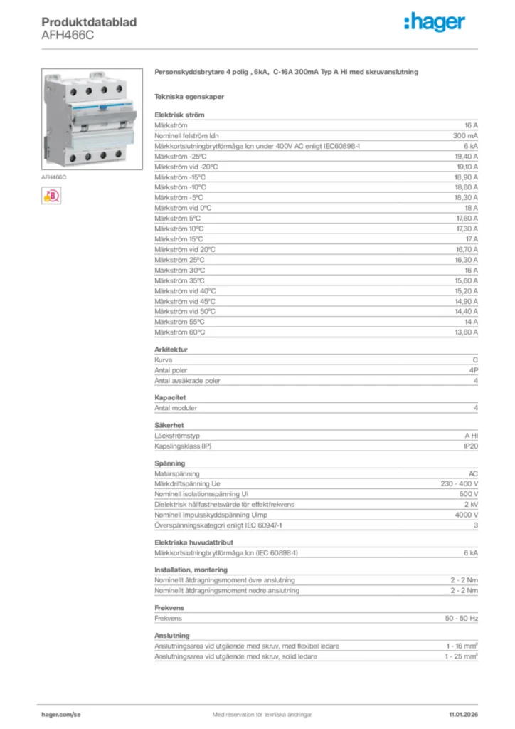 Bild Hager Produktdatablad AFH466C | Hager Sverige