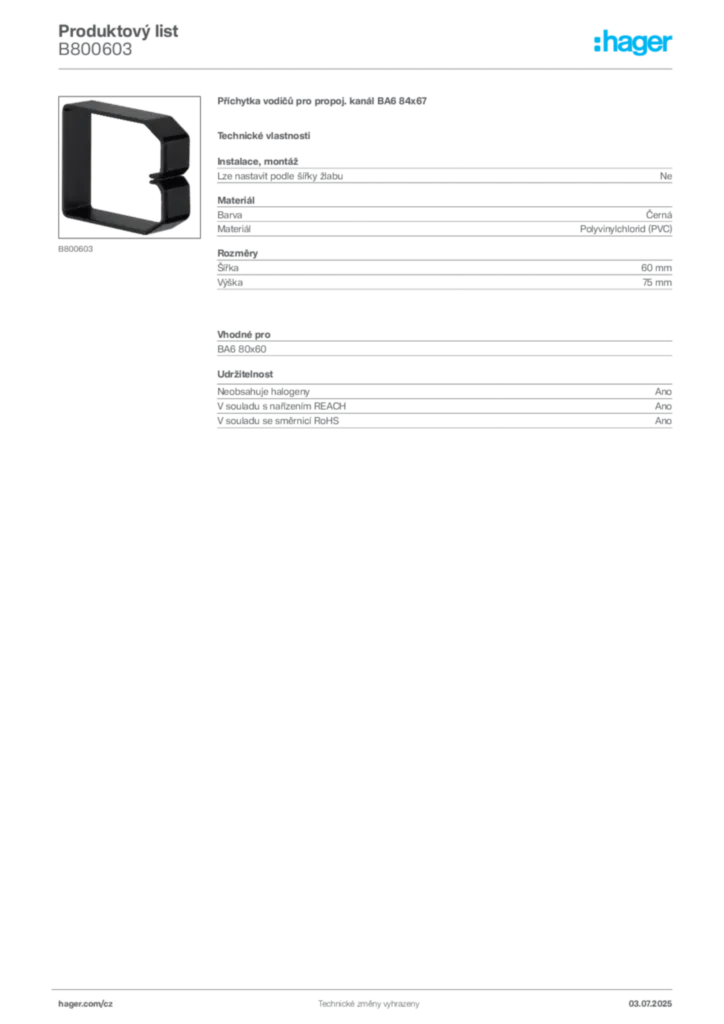 Obrázek Hager Produktový list B800603 | Hager