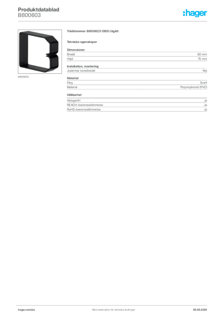 Bild Hager Produktdatablad B800603 | Hager Sverige