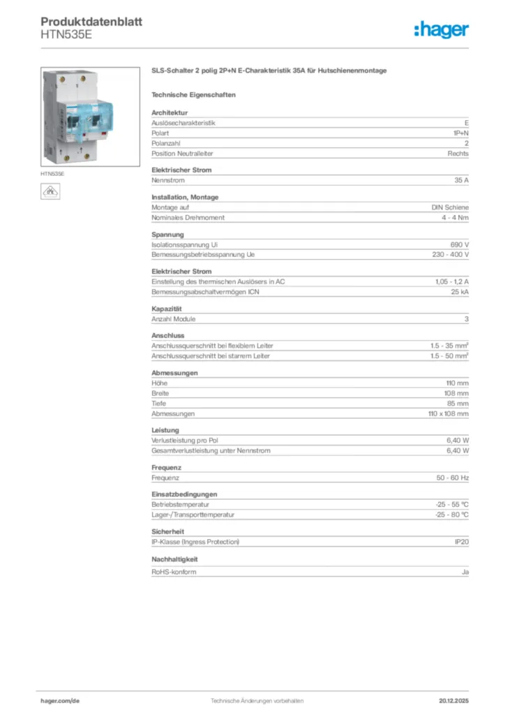 Bild Hager Produktdatenblatt HTN535E | Hager Deutschland