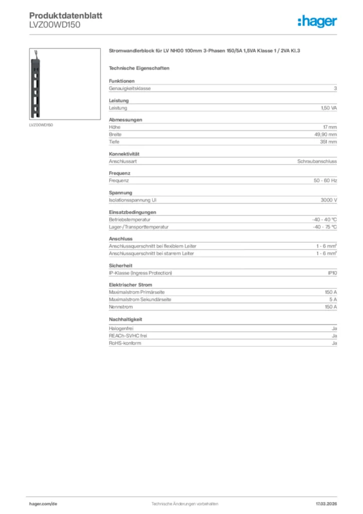 Bild Hager Produktdatenblatt LVZ00WD150 | Hager Deutschland