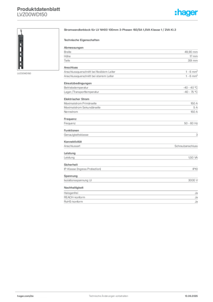 Bild Hager Produktdatenblatt LVZ00WD150 | Hager Deutschland