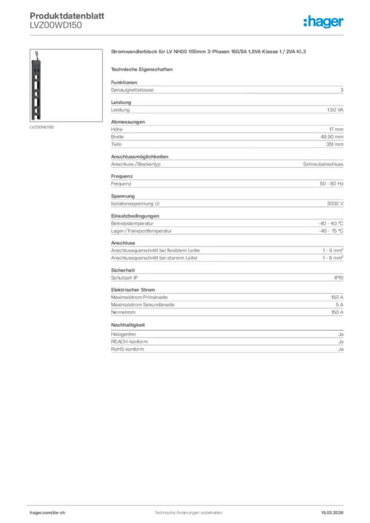 Bild Hager Produktdatenblatt LVZ00WD150 | Hager Schweiz
