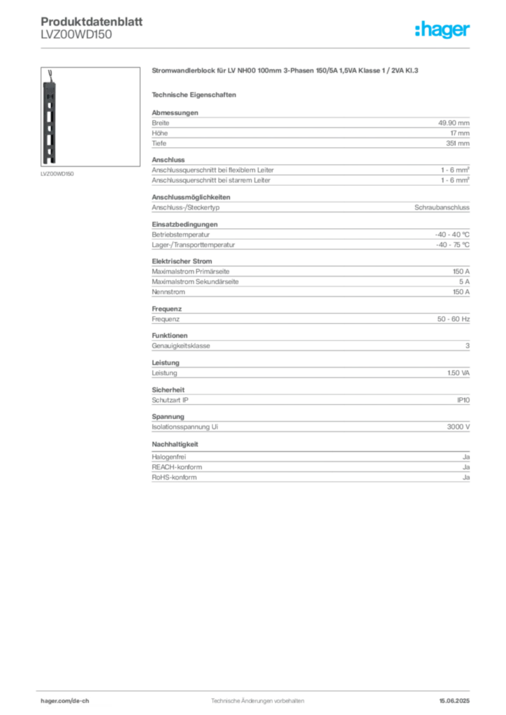 Bild Hager Produktdatenblatt LVZ00WD150 | Hager Schweiz