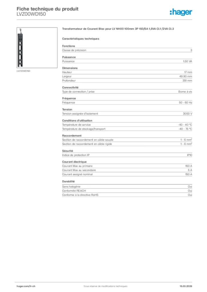Image Hager Fiche technique du produit LVZ00WD150 | Hager Suisse