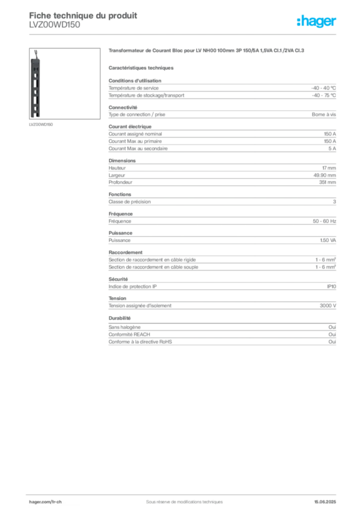 Image Hager Fiche technique du produit LVZ00WD150 | Hager Suisse