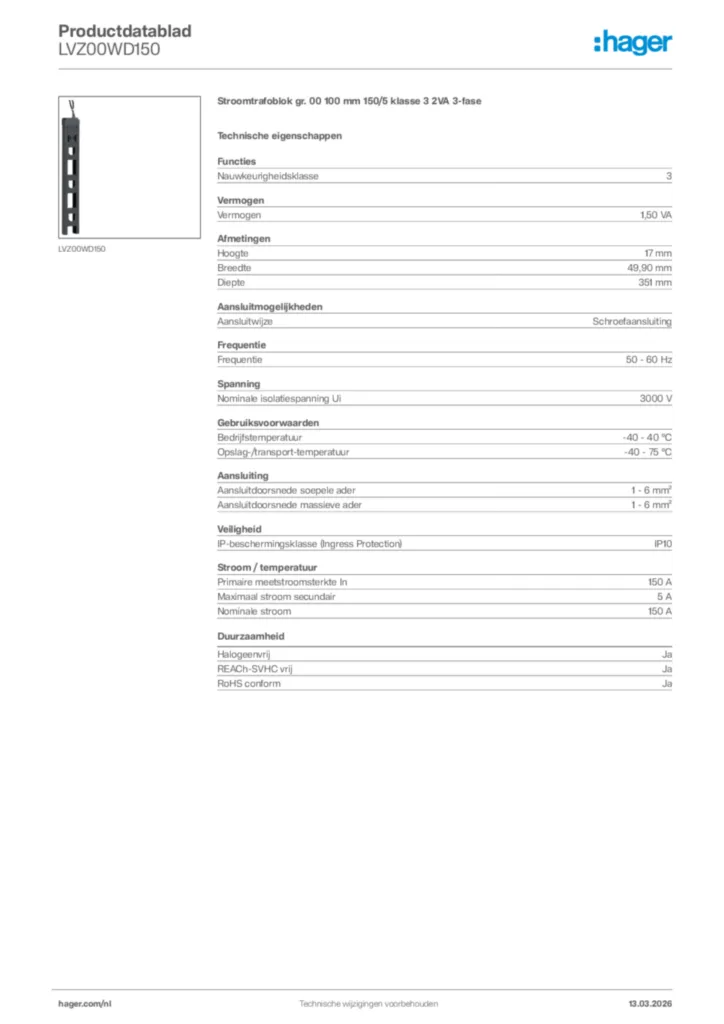 Afbeelding Hager Productdatablad LVZ00WD150 | Hager Nederland