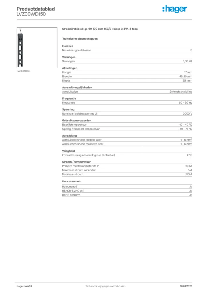 Afbeelding Hager Productdatablad LVZ00WD150 | Hager Nederland