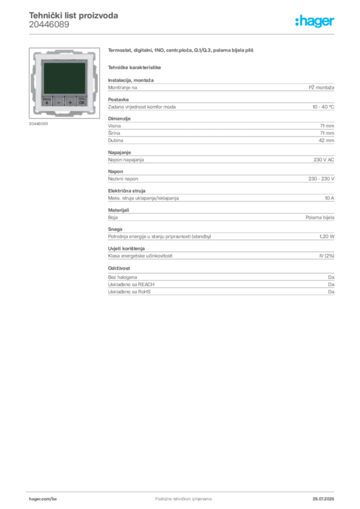 Slika Hager Product data sheet 20446089  | Hager
