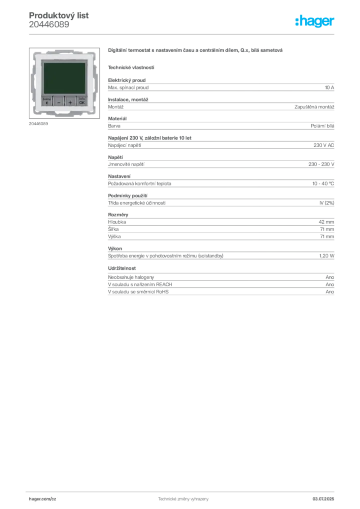 Obrázek Hager Produktový list 20446089 | Hager