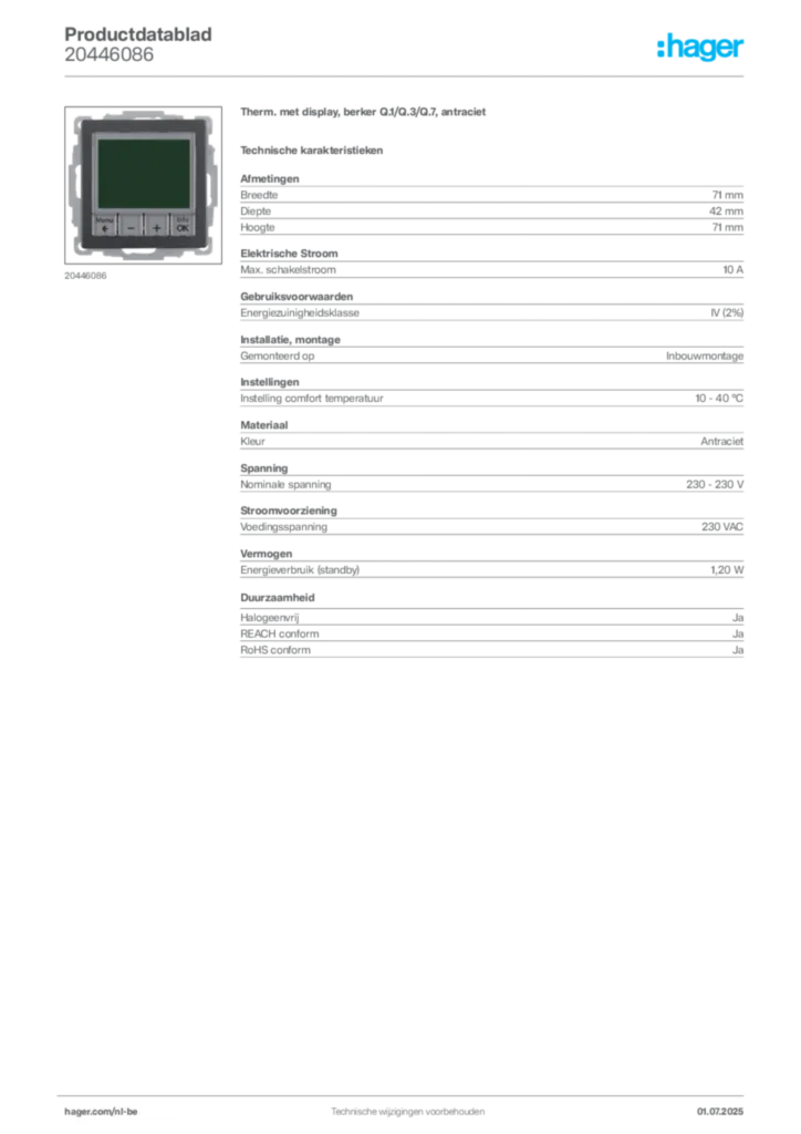 Afbeelding Hager Productdatablad 20446086 | Hager Belgium