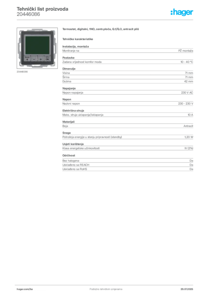 Slika Hager Product data sheet 20446086  | Hager